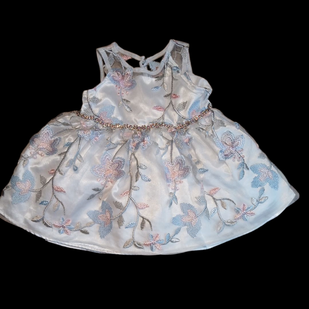Rare Editions White Dress with Pink and Blue Embroidery
